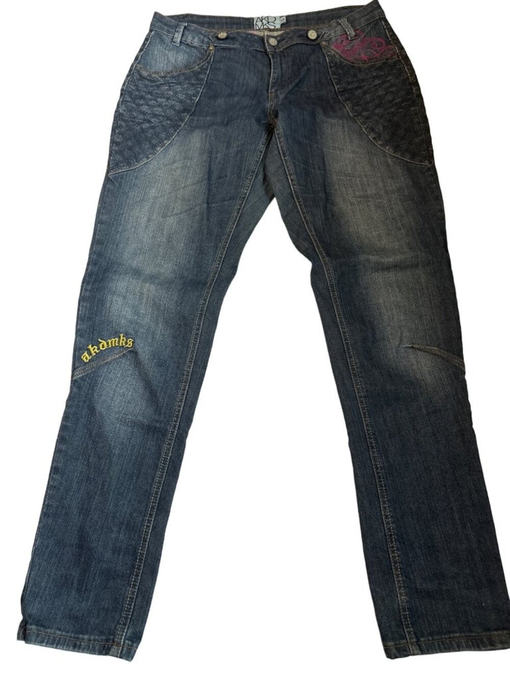 Y2k AKDMKS Blue Denim Jeans 13 Pink Embroidered Design Classic